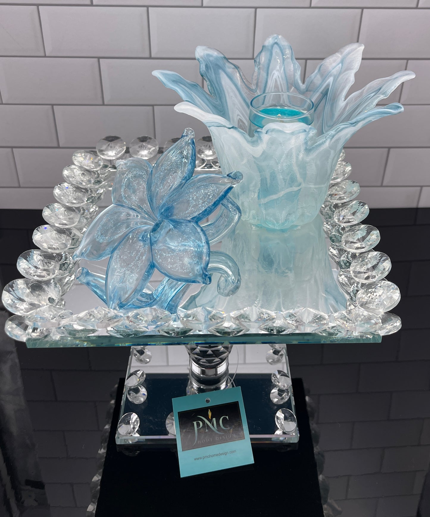 Mirrored Stand with Blooming Flower and Candle