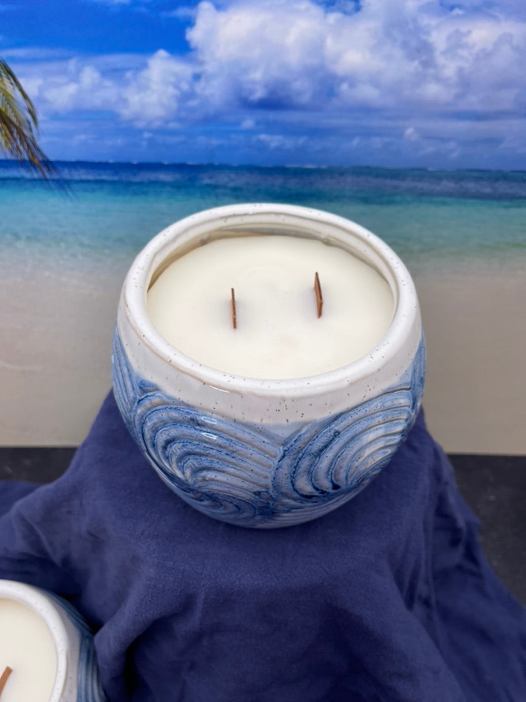 Oceanic Whirl: Blue and White Swirled Wood Wick Wax Candle