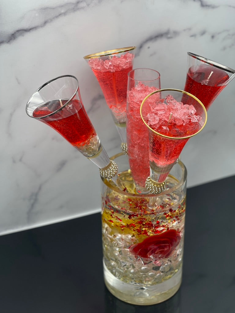 Red and Gold Champagne Glass Candle Set