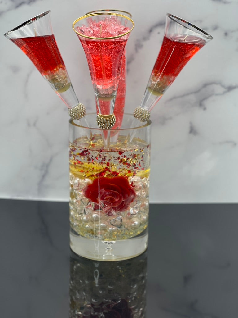 Red and Gold Champagne Glass Candle Set