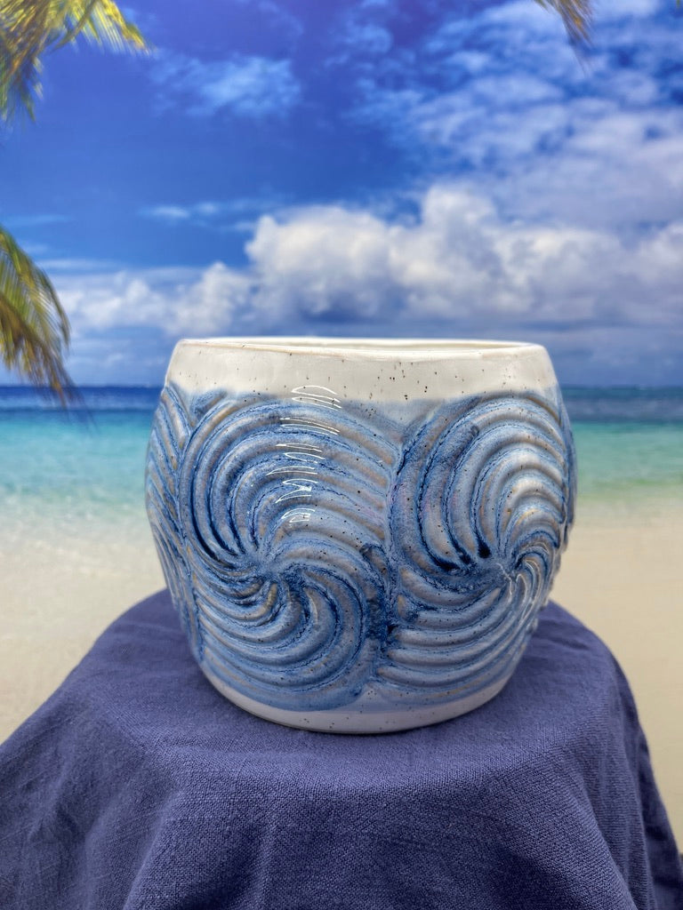 Oceanic Whirl: Blue and White Swirled Wood Wick Wax Candle
