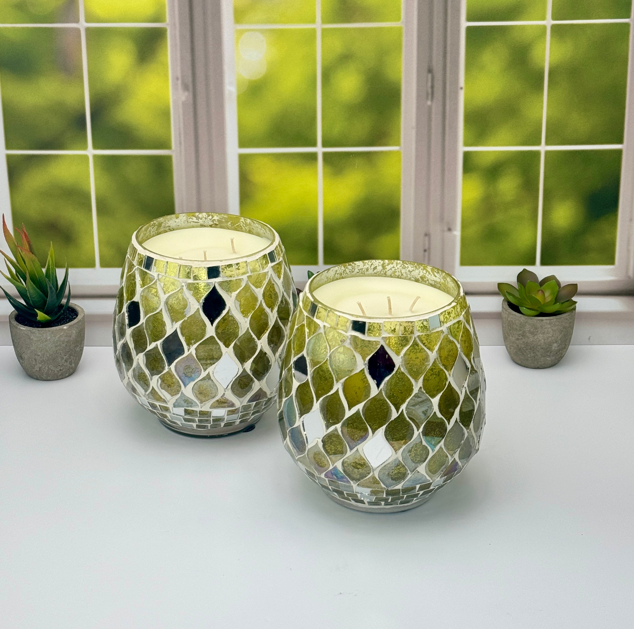 Emerald Glow: Three Wick Wax Candles with Mosaic Design