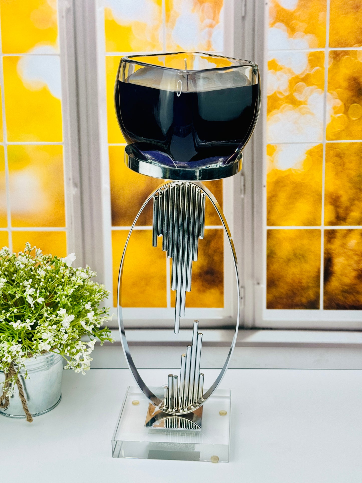 Sleek Oval Metal Candle Holder with Glass Base