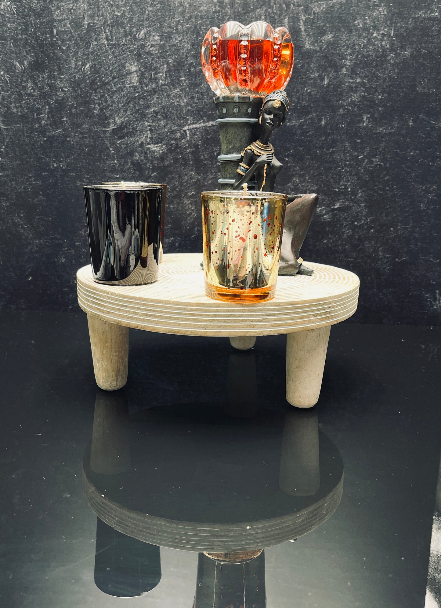 Safari Serenity: Handcrafted Wooden Base with African Woman and Votive Candles