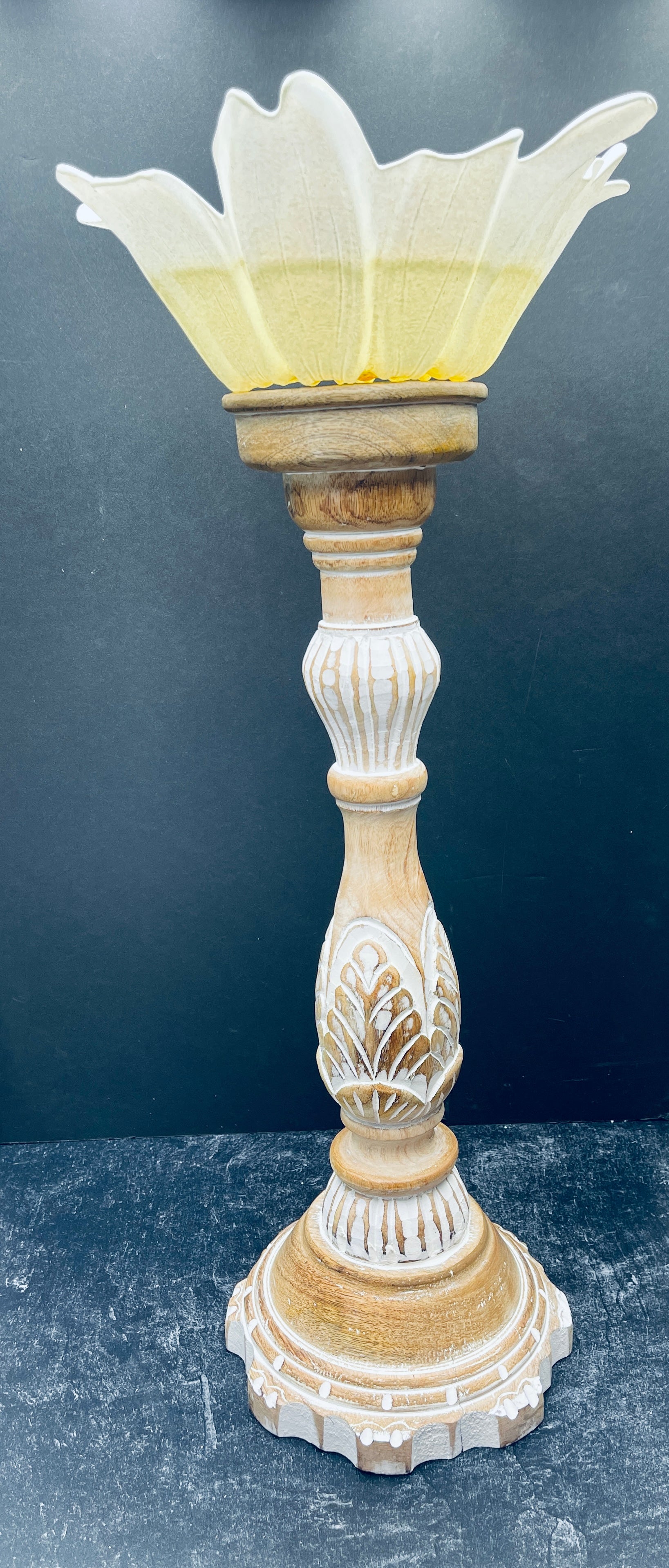 Tan and White Carved Candle Holder