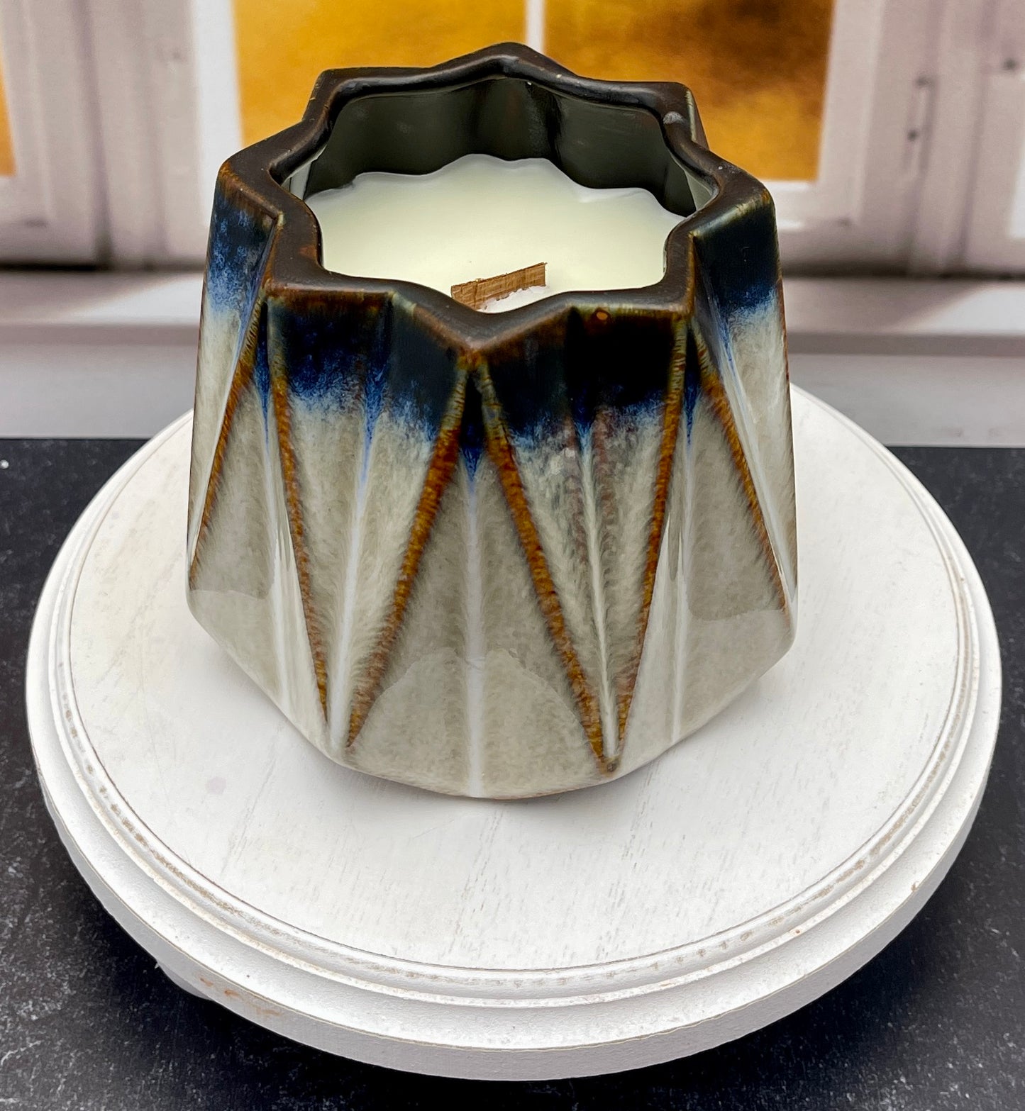 White, Blue and Brown Ceramic Wood Wick Wax Candles