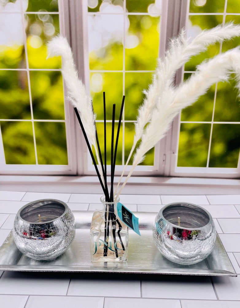 Silver Tray with Crackled Glass Candles