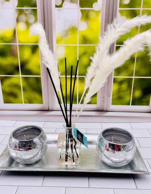 Silver Tray with Crackled Glass Candles