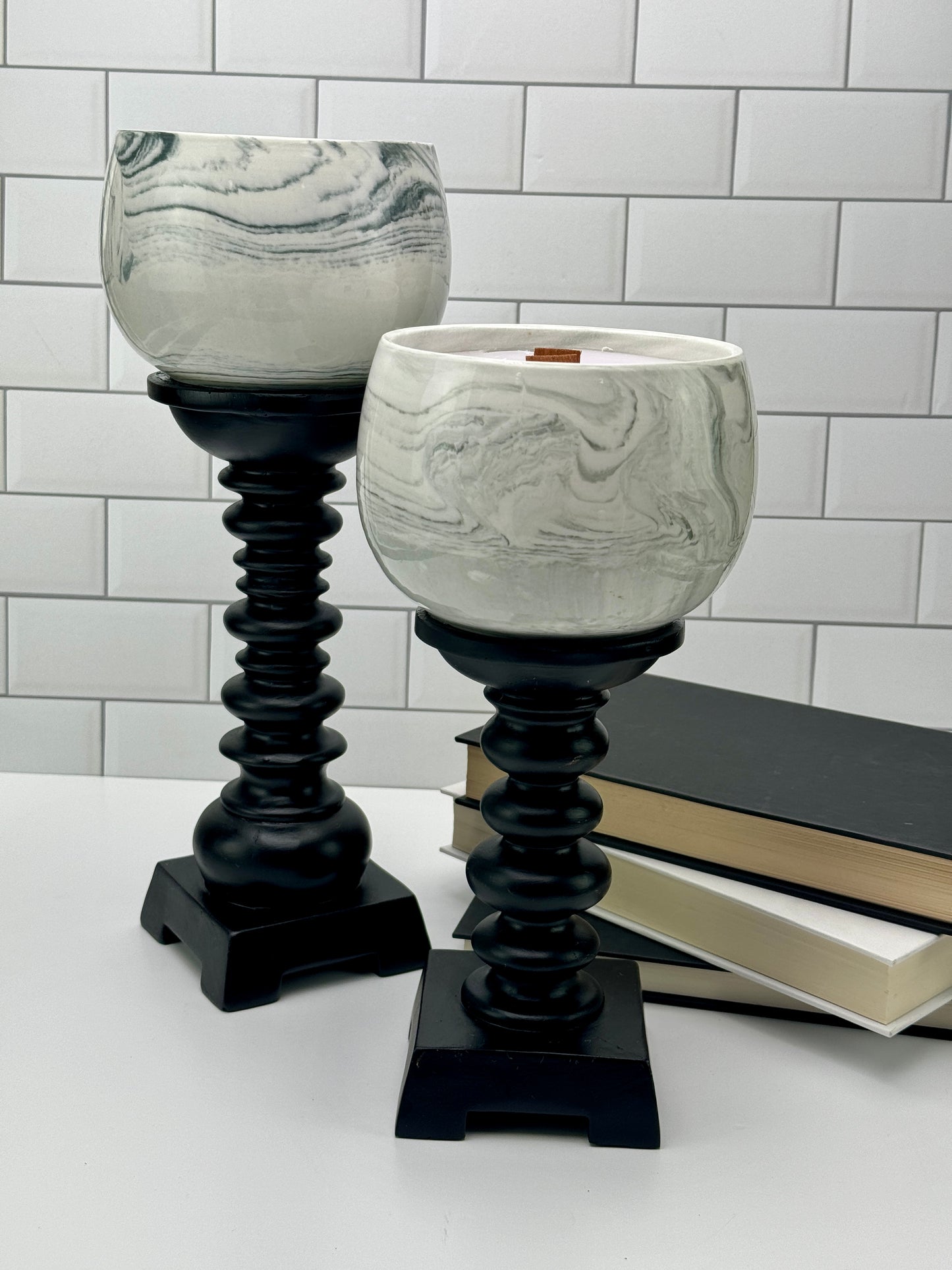 Monochrome Swirls Candle Set on Ebony Stand
