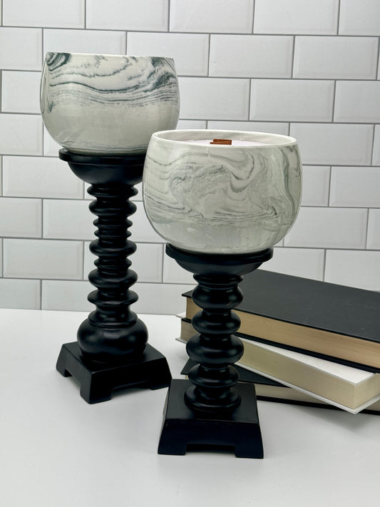 Monochrome Swirls Candle Set on Ebony Stand