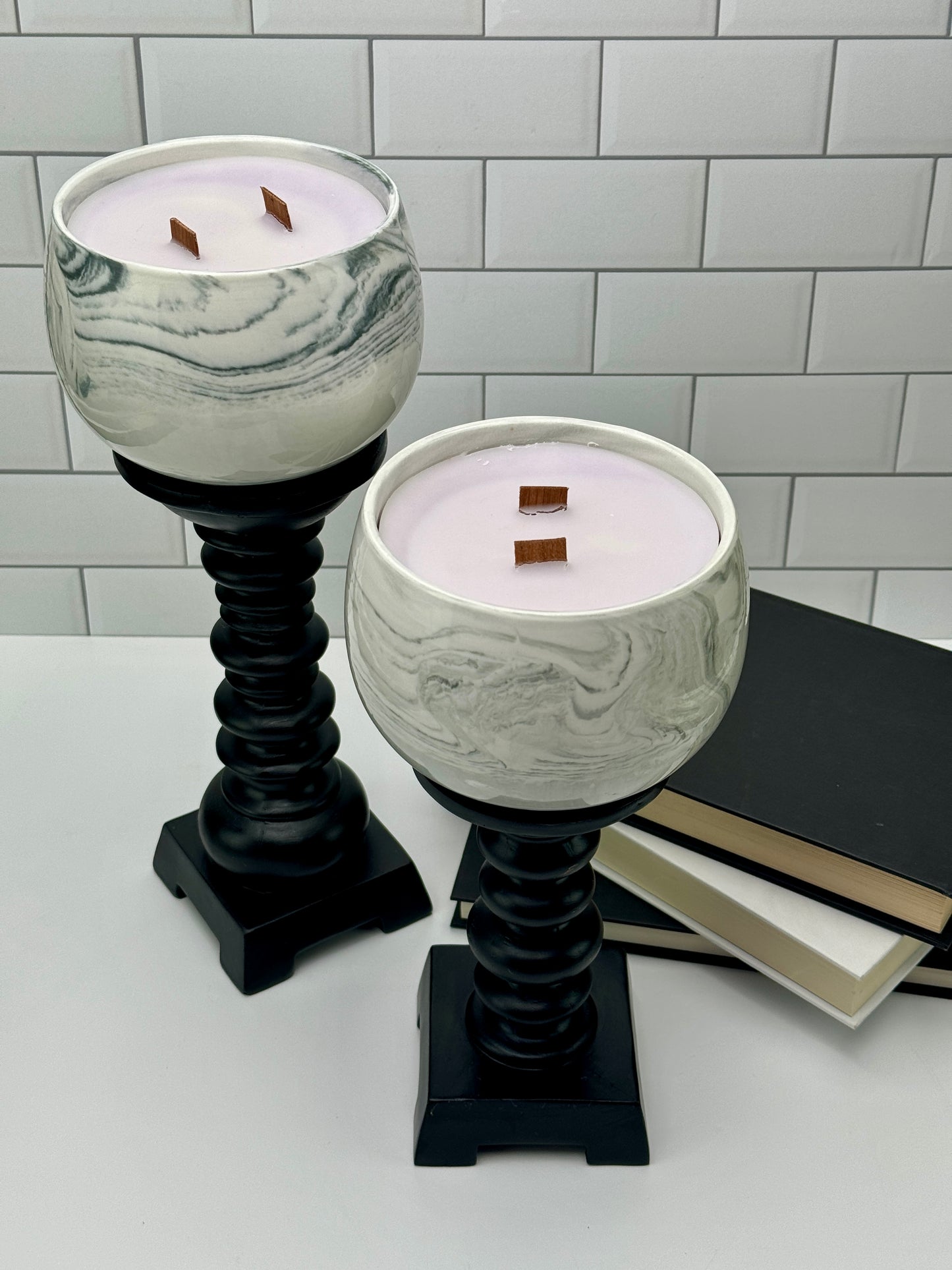 Monochrome Swirls Candle Set on Ebony Stand