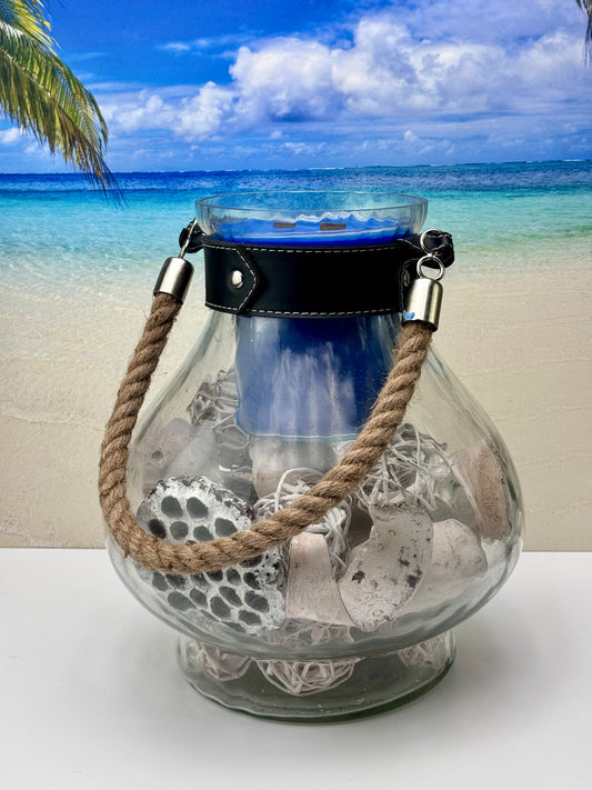 Rustic Charm Lantern with Dual Wood Wick Candle and Decorative Orbs