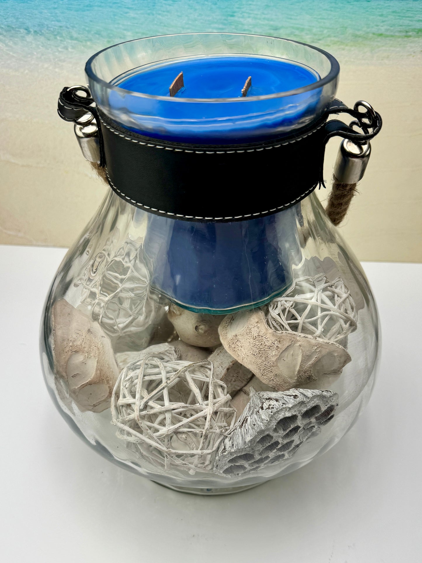 Rustic Charm Lantern with Dual Wood Wick Candle and Decorative Orbs
