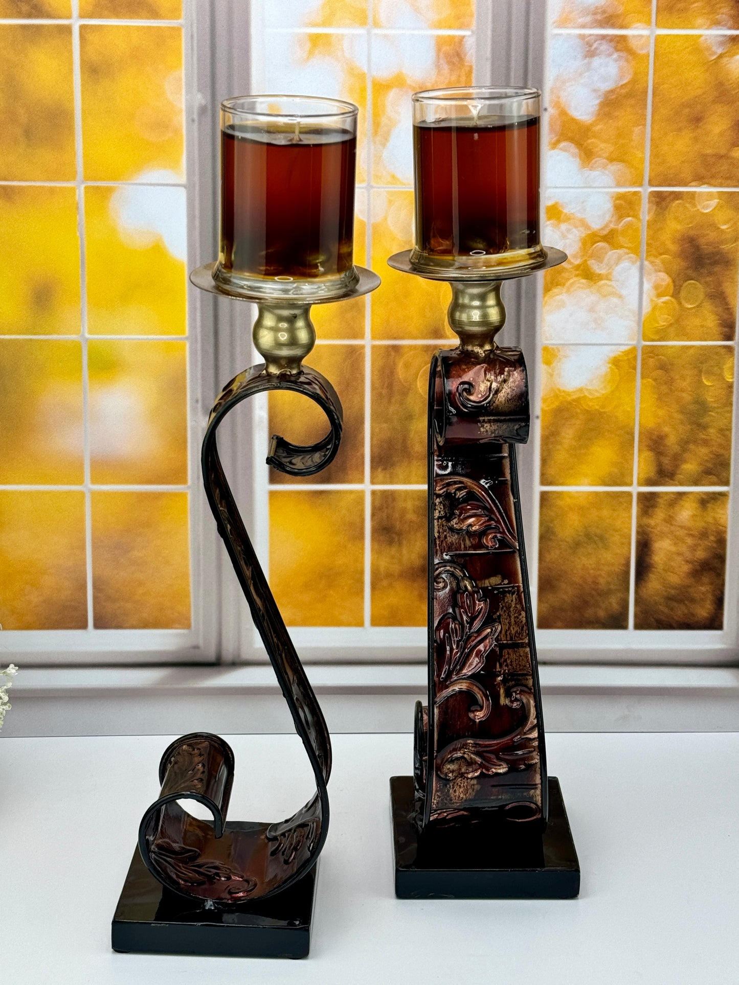 Bronze Scroll Candle Holder Pair