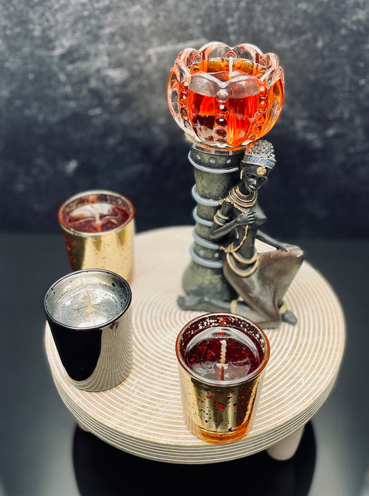 Safari Serenity: Handcrafted Wooden Base with African Woman and Votive Candles