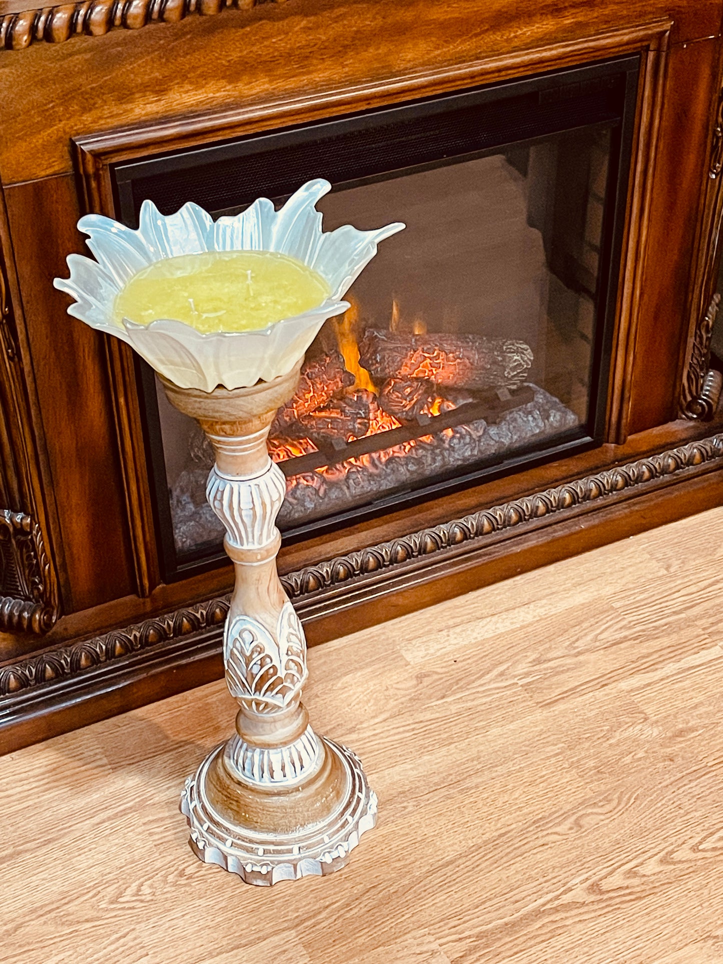 Tan and White Carved Candle Holder