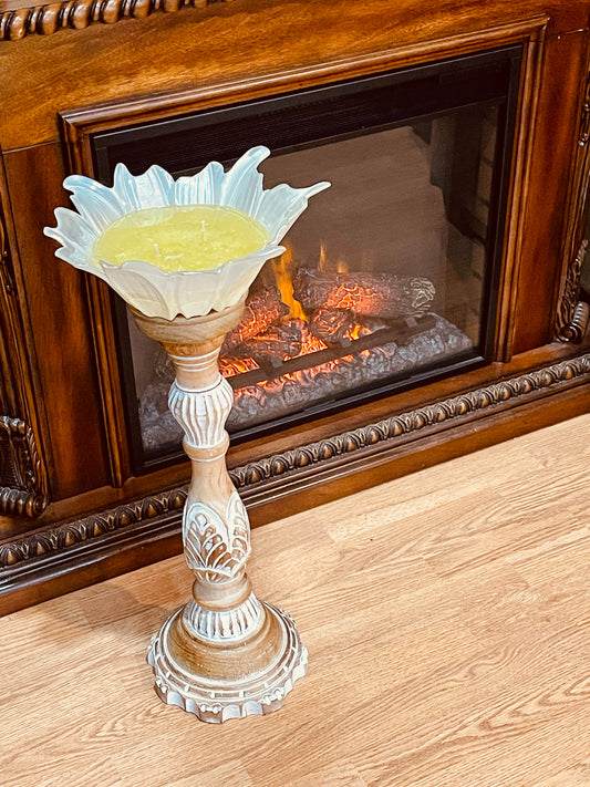 Tan and White Carved Candle Holder