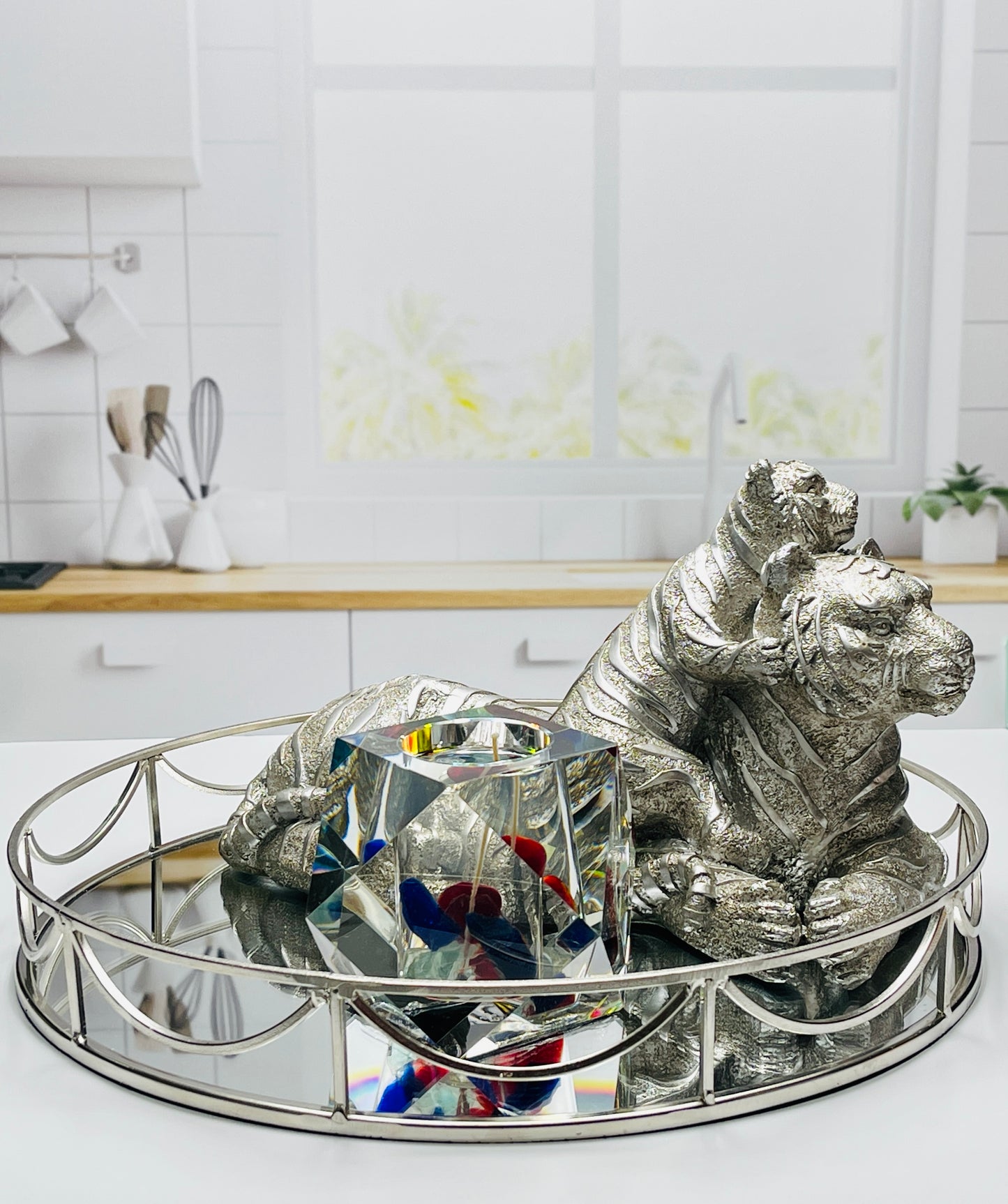 Mother and Baby Tiger on Glass Tray